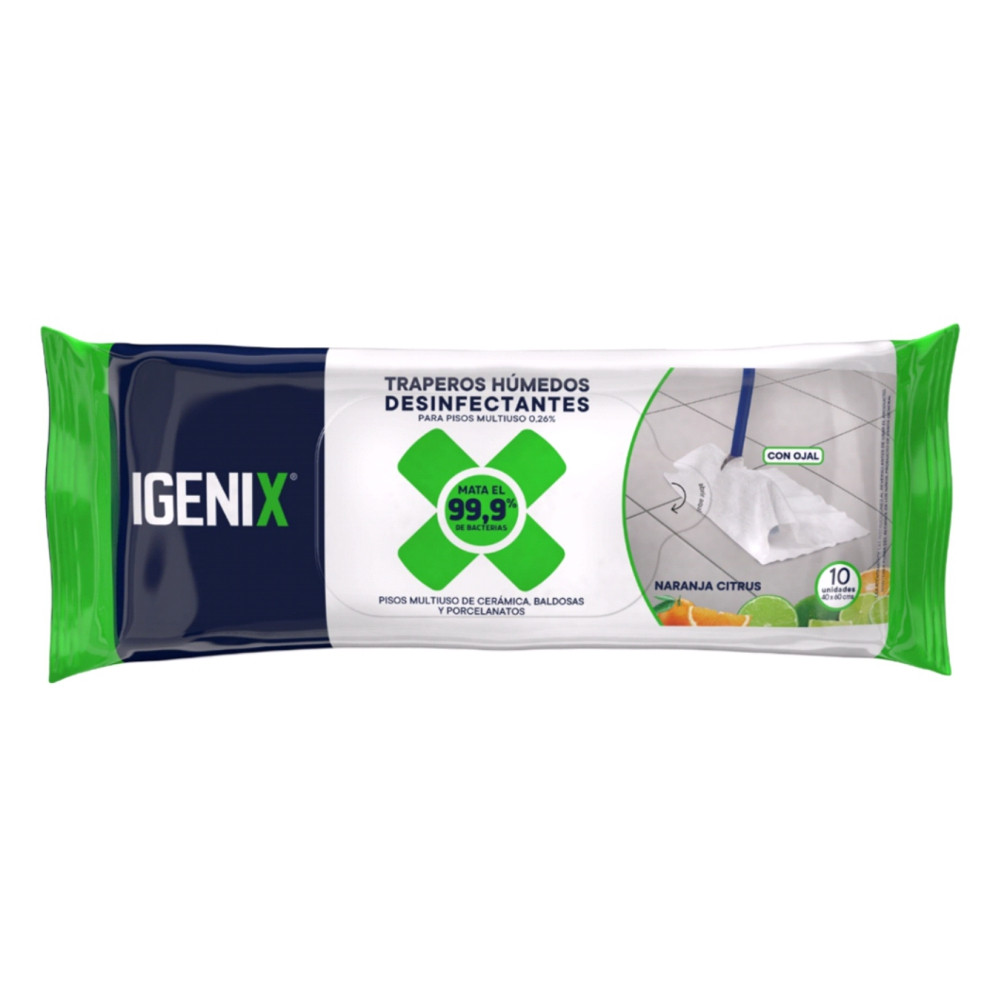 TRAPEROS HUMEDOS DESINFECTANTES IGENIX 10UND NARANJA CITRUS
