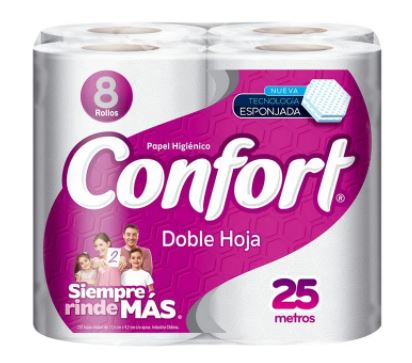 PAPEL HIGIENICO CONFORT DOBLE HOJA 25MTS 8UN